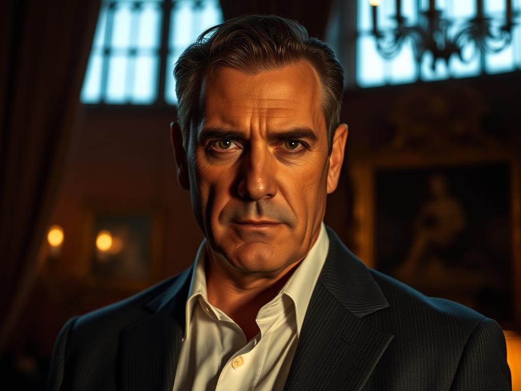 A middle-aged man with a stern expression, Salvatore Scoppa stands in a dimly lit, opulent setting. His chiseled features and piercing gaze convey an aura of power and authority. He wears a tailored suit, the fabric catching the soft, warm lighting that filters through the room's high windows. In the background, a subtle yet ornate decor hints at his affluence and status. The scene is captured with a shallow depth of field, placing the subject in sharp focus and creating a sense of intimacy and intensity. The overall mood is one of controlled intensity, reflecting Scoppa's reputation as a key figure in the criminal underworld.