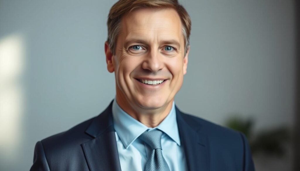 A middle-aged man with a warm, friendly demeanor stands in a well-lit, slightly blurred background. Philippe Bond has a kind smile, short brown hair, and piercing blue eyes. He wears a crisp, navy blue suit, complemented by a light blue shirt and a subtle gray tie. The lighting is soft, creating a gentle, inviting atmosphere that puts the subject at the center of attention. The camera angle is slightly above eye level, lending an air of authority and confidence to Philippe's presence. The overall impression is one of a successful, charismatic individual, well-suited to be the focus of an important section in the article.