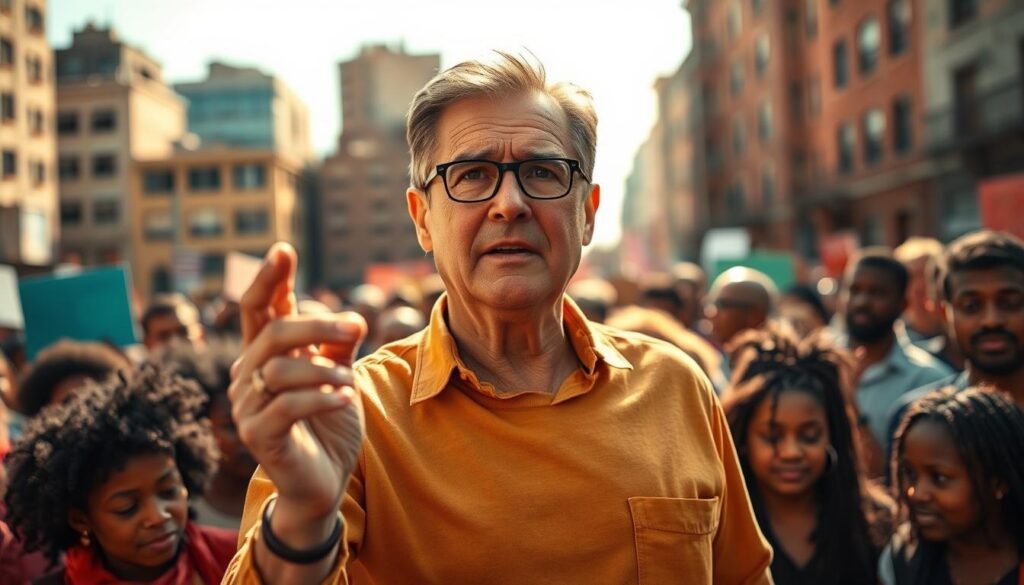 A middle-aged person with a determined expression, standing in front of a diverse group of people, gesturing passionately while addressing the crowd. The scene is set in a city environment, with a backdrop of urban buildings and a bright, sunlit sky. The lighting is warm and natural, creating a sense of energy and purpose. The composition places the subject in the foreground, with the crowd and cityscape forming a dynamic, supporting cast. The overall mood conveys a powerful and inspiring presence of a human rights activist and community organizer, leading and empowering their community. A middle-aged person with a determined expression, standing in front of a diverse group of people, gesturing passionately while addressing the crowd. The scene is set in a city environment, with a backdrop of urban buildings and a bright, sunlit sky. The lighting is warm and natural, creating a sense of energy and purpose. The composition places the subject in the foreground, with the crowd and cityscape forming a dynamic, supporting cast. The overall mood conveys a powerful and inspiring presence of a human rights activist and community organizer, leading and empowering their community.