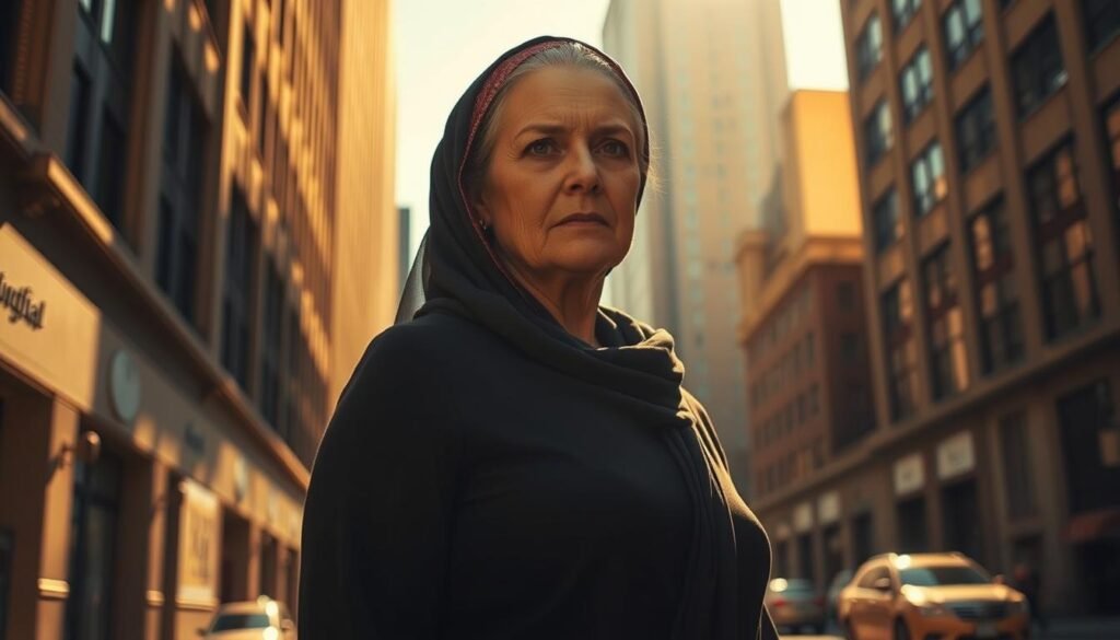 A middle-aged woman with a determined expression, wearing a headscarf and a long, dark-colored dress, standing in a city street lined with tall buildings. The scene is captured with a slightly low angle, emphasizing her stature and presence. Warm, golden sunlight filters through the urban landscape, casting dramatic shadows and highlights on her face and clothing. The atmosphere conveys a sense of strength, conviction, and the weight of the moment. The image aims to capture the essence of the person at the center of the reported controversy, without overt judgement or bias. A middle-aged woman with a determined expression, wearing a headscarf and a long, dark-colored dress, standing in a city street lined with tall buildings. The scene is captured with a slightly low angle, emphasizing her stature and presence. Warm, golden sunlight filters through the urban landscape, casting dramatic shadows and highlights on her face and clothing. The atmosphere conveys a sense of strength, conviction, and the weight of the moment. The image aims to capture the essence of the person at the center of the reported controversy, without overt judgement or bias.