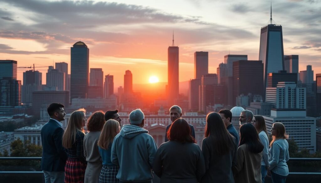 A modern city skyline at dusk, with the setting sun casting a warm glow across the landscape. In the foreground, a group of diverse individuals stand in a circle, engaged in a serious discussion. Their expressions convey a sense of purpose and determination as they focus on the key priorities of housing, homelessness, and the city's budget. The background features a mix of high-rise buildings, government structures, and public spaces, all rendered in a realistic, detailed style. The lighting is soft and atmospheric, creating a sense of contemplation and civic responsibility.