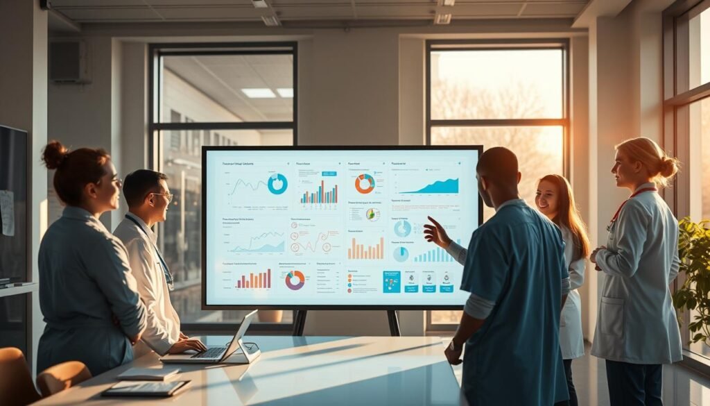 A modern hospital administration office with a team of healthcare professionals collaborating on a large interactive display. The scene features an array of informative charts, graphs, and data visualizations depicting key performance metrics and operational insights. Soft, natural lighting filters through large windows, creating a calm, focused atmosphere. The team appears engaged in constructive discussions, exploring strategies to optimize workflows and prevent service disruptions. The overall composition conveys a sense of proactive planning and problem-solving to ensure the smooth and efficient delivery of critical medical services.
