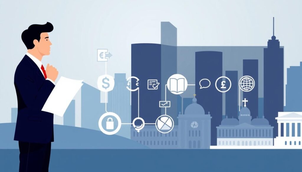 A modern, minimalist illustration depicting the legal and tax context of provincial revenue agreements in Quebec. In the foreground, a businessperson in a suit stands thoughtfully, holding documents. In the middle ground, a series of icons and symbols represent key elements of the taxation system, such as currency symbols, pie charts, and government seals. The background features a clean, geometric cityscape with skyscrapers and government buildings, bathed in cool, neutral lighting to convey a sense of formality and authority. The overall scene aims to visually communicate the complex interplay of law, finance, and bureaucracy that underpins the provincial revenue system in Quebec.