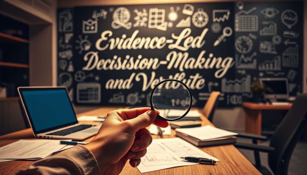 A modern office space with an illuminated desktop featuring a laptop, pen, and scattered documents. In the foreground, a hand holds a magnifying glass, carefully examining the details. The middle ground showcases a variety of data visualization charts and graphs, hinting at the analytical process. In the background, a large chalkboard or whiteboard displays the phrase "Evidence-Led Decision-Making and Verification" in elegant calligraphy, surrounded by sketched icons and diagrams. Warm, focused lighting emphasizes the deliberate, contemplative atmosphere, while a subtle depth of field blurs the periphery, directing the viewer's attention to the central analytical activities.