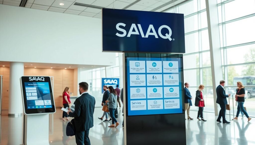 A modern, sleek government office interior with a prominent display showcasing the SAAQ logo and services. The foreground features a large touch-screen kiosk, with a citizen interacting with the digital interface. The middle ground shows a line of citizens waiting to be assisted by SAAQ representatives, conveying efficiency and streamlined processes. In the background, floor-to-ceiling windows provide ample natural light, creating an airy and transparent atmosphere. The overall scene reflects the SAAQ's commitment to digital transformation, regulatory compliance, and customer-centric service delivery.