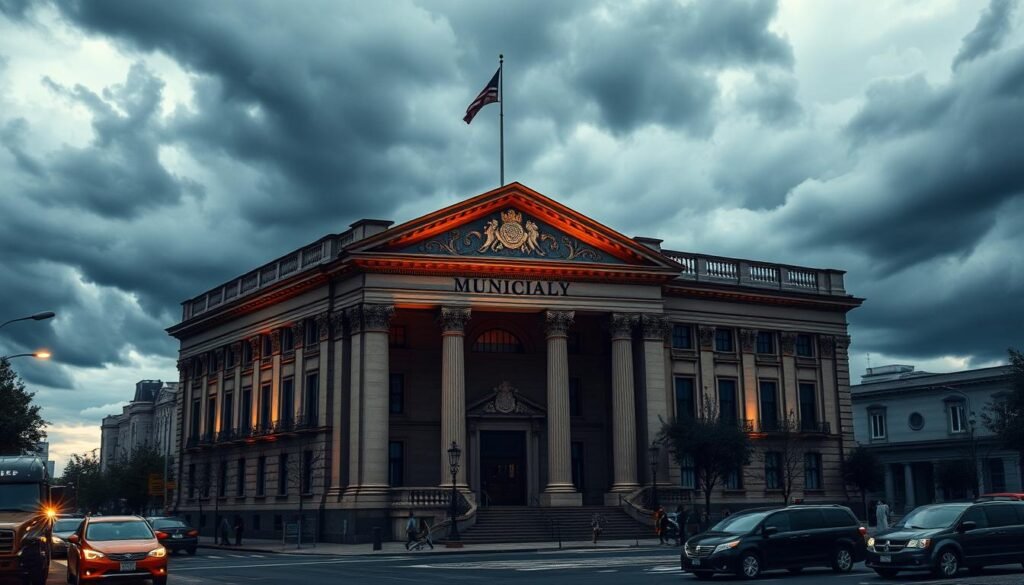 A municipal office building, its façade adorned with ornamental columns and a grand entrance, stands in the foreground. In the middle ground, bustling city streets with residents and vehicles suggest the lively urban setting. In the background, looming clouds cast a moody, ominous atmosphere, hinting at the alleged breach of trust and scandal surrounding municipal contracts. The lighting is a mix of warm tones from the building's illumination and the cool, overcast sky, creating a sense of tension and unease. The composition is balanced, with the central focus on the municipal building, conveying a sense of authority and civic importance, despite the underlying controversy.