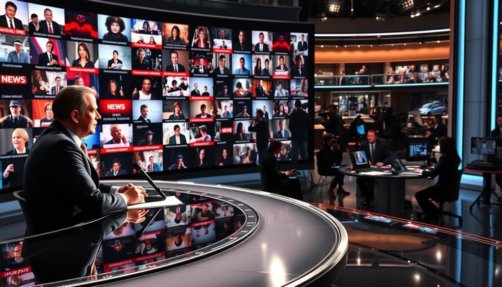 A news studio setting, with a large video wall displaying a mosaic of news headlines, social media posts, and television footage. The foreground features a news anchor seated at a sleek, modern desk, microphone in hand, conveying a sense of urgency and professionalism. Dramatic lighting casts shadows across the anchor's face, creating a somber, investigative atmosphere. The middle ground showcases a team of journalists and researchers poring over documents, laptops, and computer screens, verifying facts and cross-checking sources. In the background, a bustling newsroom with editors, producers, and technicians working diligently to craft the story. The overall composition conveys the meticulous process of media coverage and the pursuit of verified details.