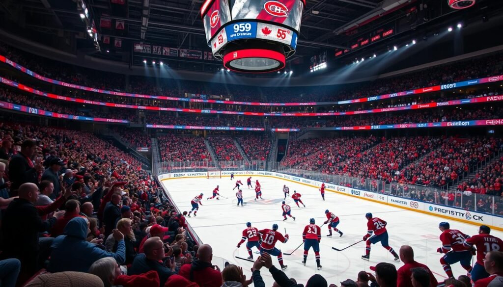 A packed Bell Centre arena, the electric atmosphere pulsing with the passion of devoted Canadiens fans. On the ice, players engaged in a fierce physical battle, their emotions written across their faces as they compete with unwavering determination. The crowd's roar echoes through the historic venue, creating a sense of unity and shared experience. Dramatic low-angle lighting illuminates the players' intensity, while a wide-angle lens captures the energy and scale of the event. This is the essence of a quintessential Canadiens game - a powerful display of the team's identity, forged by the physicality, emotion, and unbridled enthusiasm of its devoted supporters. A packed Bell Centre arena, the electric atmosphere pulsing with the passion of devoted Canadiens fans. On the ice, players engaged in a fierce physical battle, their emotions written across their faces as they compete with unwavering determination. The crowd's roar echoes through the historic venue, creating a sense of unity and shared experience. Dramatic low-angle lighting illuminates the players' intensity, while a wide-angle lens captures the energy and scale of the event. This is the essence of a quintessential Canadiens game - a powerful display of the team's identity, forged by the physicality, emotion, and unbridled enthusiasm of its devoted supporters.