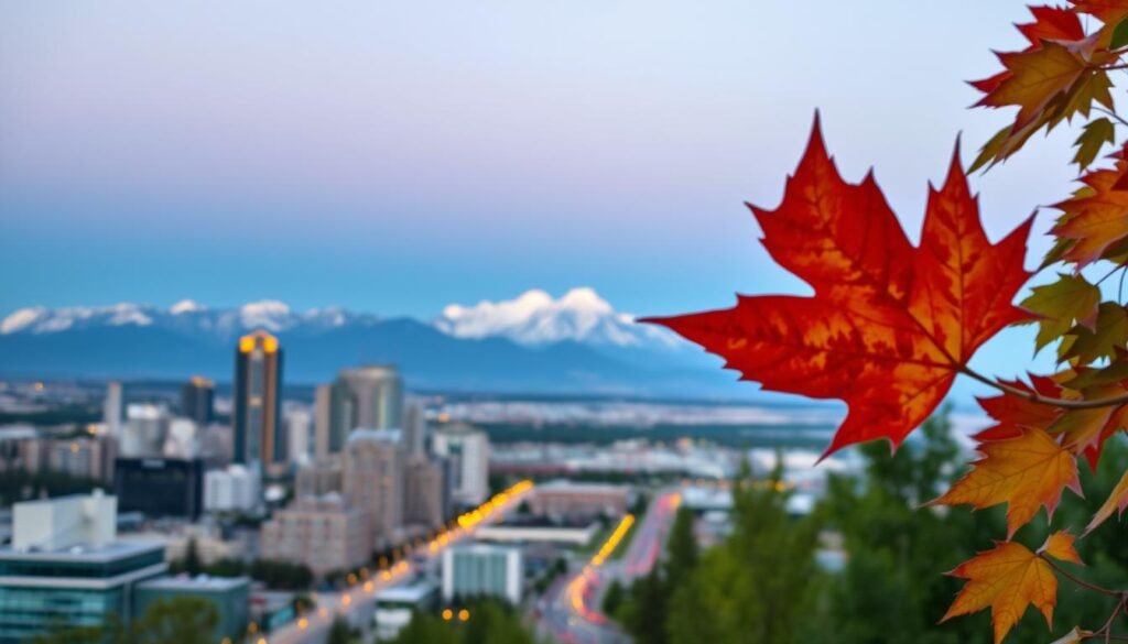 A panoramic Canadian landscape, captured through the lens of a professional photojournalist. In the foreground, a maple leaf gently sways, its vibrant hues reflecting the nation's identity. The middle ground features a bustling urban scene, skyscrapers and streetlights blending seamlessly with the natural surroundings. In the distance, the majestic Rocky Mountains rise, their snow-capped peaks bathed in the warm glow of the setting sun. The image conveys a sense of cultural duality, where modernity and tradition coexist in perfect harmony, resonating with the Canadian experience. A panoramic Canadian landscape, captured through the lens of a professional photojournalist. In the foreground, a maple leaf gently sways, its vibrant hues reflecting the nation's identity. The middle ground features a bustling urban scene, skyscrapers and streetlights blending seamlessly with the natural surroundings. In the distance, the majestic Rocky Mountains rise, their snow-capped peaks bathed in the warm glow of the setting sun. The image conveys a sense of cultural duality, where modernity and tradition coexist in perfect harmony, resonating with the Canadian experience.