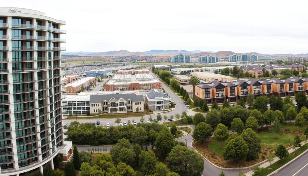 A panoramic real estate photograph showcasing Andrew Lutfy's diverse property portfolio. In the foreground, a modern high-rise apartment complex with sleek glass facades, surrounded by lush landscaping. In the middle ground, a sprawling commercial development with ample parking and signage. In the background, a row of luxury townhomes nestled against a backdrop of rolling hills. The image is captured with a wide-angle lens, emphasizing the grand scale and scope of Lutfy's real estate empire. The lighting is soft and diffused, conveying a sense of prestige and sophistication. The overall mood is one of strategic growth and adaptation to evolving policy landscapes.