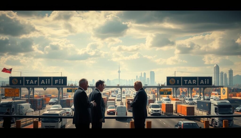 A panoramic view of a bustling border crossing, with imposing tariff signs and customs officials standing vigilant. In the foreground, two national leaders engage in tense negotiations, their body language conveying a sense of high-stakes diplomacy. The middle ground features a flow of goods and vehicles, symbolizing the commercial tensions underlying the political discourse. The background depicts the contrasting skylines of neighboring countries, hinting at the complex geopolitical dynamics at play. Dramatic lighting casts dramatic shadows, heightening the sense of gravity and urgency. The overall scene evokes a palpable atmosphere of cross-border tensions, leadership challenges, and the far-reaching impacts of economic policy decisions. A panoramic view of a bustling border crossing, with imposing tariff signs and customs officials standing vigilant. In the foreground, two national leaders engage in tense negotiations, their body language conveying a sense of high-stakes diplomacy. The middle ground features a flow of goods and vehicles, symbolizing the commercial tensions underlying the political discourse. The background depicts the contrasting skylines of neighboring countries, hinting at the complex geopolitical dynamics at play. Dramatic lighting casts dramatic shadows, heightening the sense of gravity and urgency. The overall scene evokes a palpable atmosphere of cross-border tensions, leadership challenges, and the far-reaching impacts of economic policy decisions.