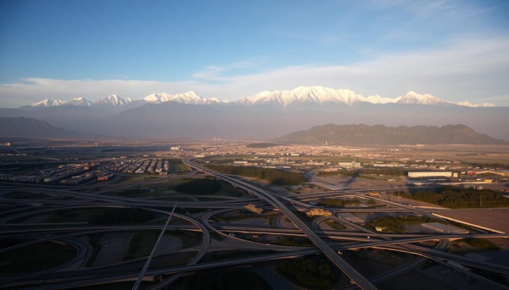 A panoramic vista of the Andes mountains, their snow-capped peaks piercing the sky. In the foreground, a maze of interconnected roads and highways, representing the intricate web of Colombia's geopolitical maneuvering. In the middle ground, military vehicles and personnel engage in strategic maneuvers, conveying a sense of heightened tension and escalating dynamics. The lighting is dramatic, casting long shadows and creating a sense of foreboding. The composition is balanced, with the mountains serving as a powerful backdrop to the unfolding events below. The overall mood is one of uncertainty, with the viewer left to ponder the implications of Colombia's countermoves and the potential for further escalation.