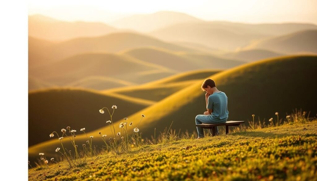 A peaceful hillside landscape, with rolling green hills in the background. In the foreground, a small figure sits on a bench, their head bowed in thoughtful contemplation. The scene is bathed in soft, golden light, creating a warm and introspective atmosphere. Surrounding the figure, delicate flowers sway gently in a light breeze, symbolizing the year-over-year shifts in mood and emotions. The overall composition conveys a sense of stability and tranquility, while hinting at the underlying sensitivity and complexity of the human experience.