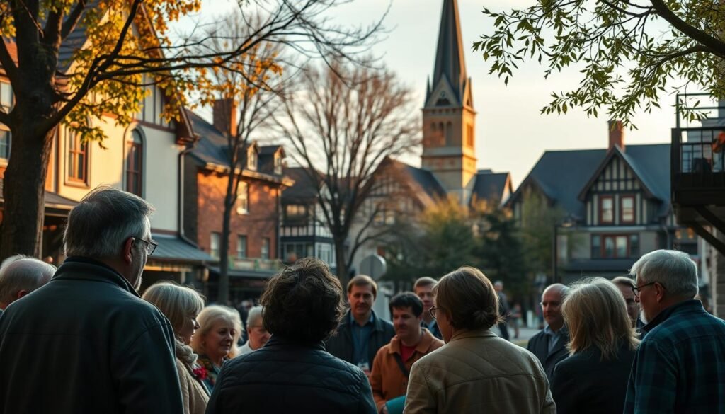 A peaceful town square in Saint-Basile-le-Grand, with the local church steeple in the background. In the foreground, a group of concerned residents gathered, engaged in animated discussion. Warm, soft lighting filters through the trees, creating a pensive atmosphere. The architecture reflects the town's historic character, with old-world charm juxtaposed against the modern, reflecting the complexity of the situation. Detailed textures of stone, wood, and human faces convey the weight of the moment, as the community grapples with the controversial headstone incident.