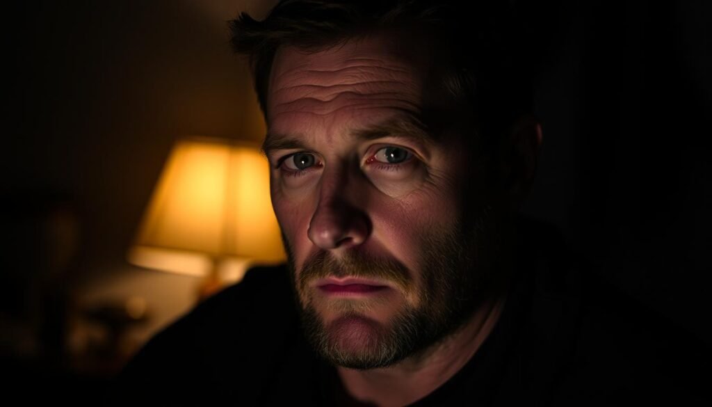 A pensive man in his 30s, Christian Boivin, sits in a dimly lit room, his face cast in shadows. Soft, warm lighting from a nearby lamp illuminates his weary expression, conveying the weight of his thoughts. The background is out of focus, hinting at the personal nature of this moment. His gaze is introspective, capturing the complex emotions he grapples with as he reflects on the events surrounding his brother's tragic overdose. This portrait aims to convey a sense of sorrow, vulnerability, and the profound impact the loss has had on Christian's life.