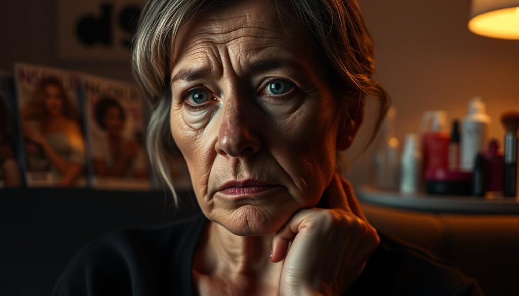 A pensive, middle-aged woman sits in a dimly lit room, her face etched with the weight of societal pressures and self-doubts. Soft, warm lighting illuminates the subtle creases and blemishes of her skin, a testament to the passage of time. In the background, faint silhouettes of magazines and cosmetic products suggest the constant bombardment of "ideal" beauty standards. The woman's gaze is introspective, her expression a complex mix of vulnerability and resilience, capturing the internal struggle against ageism and the pursuit of an elusive, airbrushed perfection.