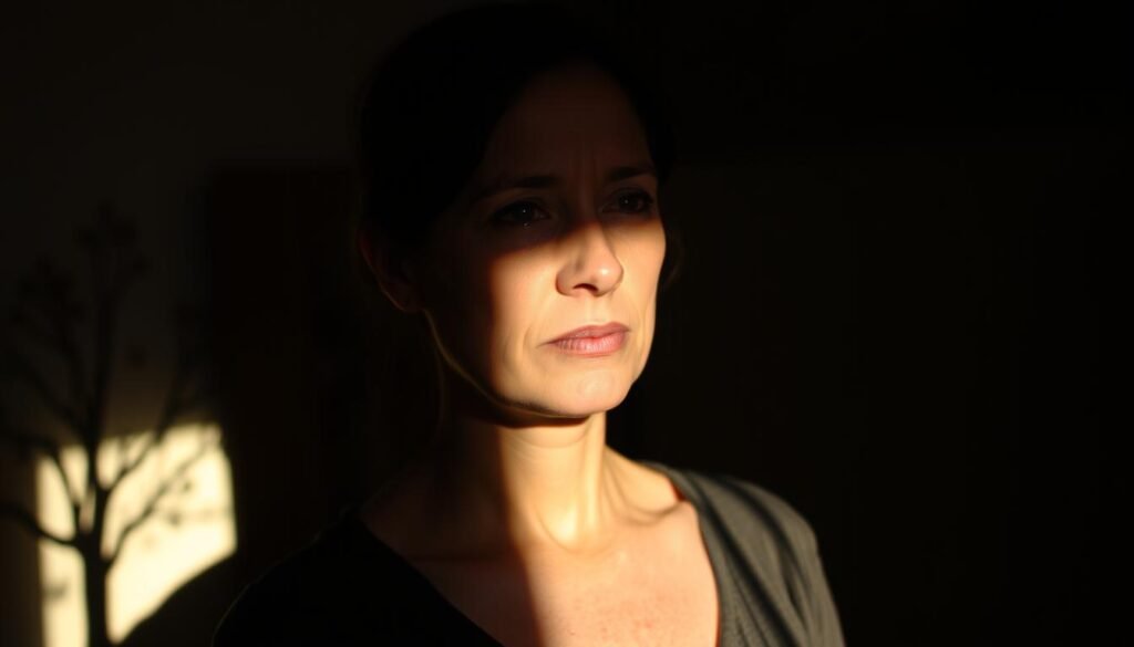 A pensive woman stands in a dimly lit room, her face reflecting a journey from vulnerability to courageous resilience. Soft shadows cast across her features, highlighting the weight of her experiences. Behind her, a faint silhouette of a tree symbolizes the growth and transformation she has undergone. The lighting is warm and intimate, creating an atmosphere of introspection and personal reflection. The scene conveys a sense of quiet strength and the power of storytelling to transform pain into art. A pensive woman stands in a dimly lit room, her face reflecting a journey from vulnerability to courageous resilience. Soft shadows cast across her features, highlighting the weight of her experiences. Behind her, a faint silhouette of a tree symbolizes the growth and transformation she has undergone. The lighting is warm and intimate, creating an atmosphere of introspection and personal reflection. The scene conveys a sense of quiet strength and the power of storytelling to transform pain into art.