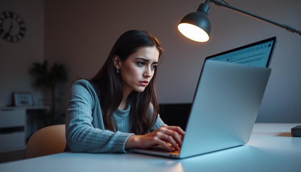 A pensive young woman sits at her desk, expression troubled as she reads critical social media comments on her laptop screen. Overhead, a soft, warm light casts her features in a contemplative glow. The room is minimalist, with muted tones and sparse decor, creating an atmosphere of introspection. The woman's body language conveys a sense of vulnerability and a desire to understand the harsh reactions, even as she remains determined to move forward. The scene captures the complex emotional experience of navigating negative feedback in the digital age with empathy and nuance.