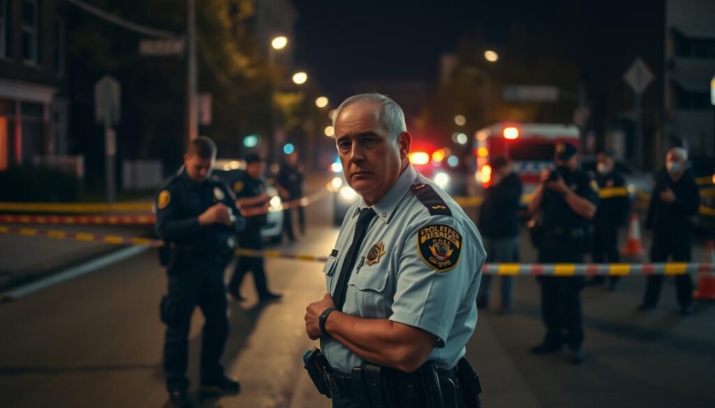 A police officer in full uniform, standing at the center of a cordoned-off crime scene, examining evidence with a serious expression. In the background, other officers canvassing the area, collecting witness statements and taking photographs. The scene is illuminated by flashing emergency vehicle lights, casting dramatic shadows and creating a tense, investigative atmosphere. The camera angle is slightly elevated, capturing the scale of the ongoing law enforcement operation.