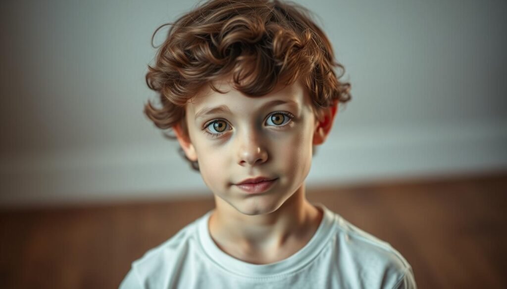 A portrait of Nicolas Tetrault, a young boy with a kind and gentle expression. He has soft, curly brown hair and warm hazel eyes that convey a sense of resilience and determination. Set against a blurred, ethereal background, the lighting is soft and diffused, casting a serene and contemplative mood. Nicolas is wearing a simple white t-shirt, allowing the focus to remain on his face and upper body. The composition is tightly framed, creating an intimate and introspective feel, as if the viewer is having a quiet moment with the subject. The overall tone is one of empathy, vulnerability, and quiet strength.