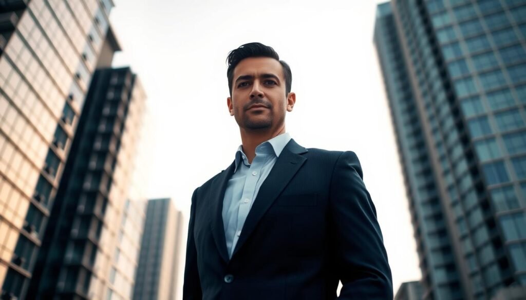 A portrait of Youcef Bouras, a well-dressed man in his 30s, standing confidently against a backdrop of modern high-rise buildings. Soft, diffused lighting illuminates his features, creating a contemplative mood. The composition is balanced, with Bouras positioned slightly off-center, allowing for negative space to showcase his surroundings. The image conveys a sense of professionalism and success, hinting at Bouras' biography and the investigation surrounding him.