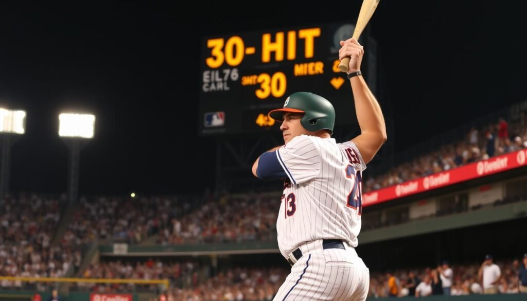 A professional baseball player, Ernie Clement, stands at home plate, his bat raised, eyes focused on the pitch. The stadium lights cast a warm glow, illuminating the scene. In the background, a scoreboard displays the 30-hit milestone, marking a significant achievement in Clement's career. The crowd cheers, their energy palpable. Tension builds as the pitcher winds up, the moment captured in a dramatic freeze-frame, capturing the essence of Clement's remarkable hitting streak.