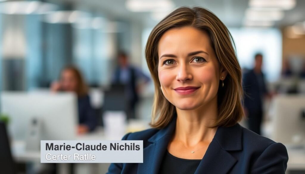 A professional-looking headshot of Marie-Claude Nichols, dressed in a crisp navy blazer against a blurred background of a bustling office. Her expression is serious yet warm, her gaze direct and confident. The lighting is soft and flattering, accentuating her features. In the middle ground, a discreet nameplate with her name and job title. The background is a stylized interpretation of an office environment, with subtle hints of activity and movement, conveying a sense of a dynamic professional setting.