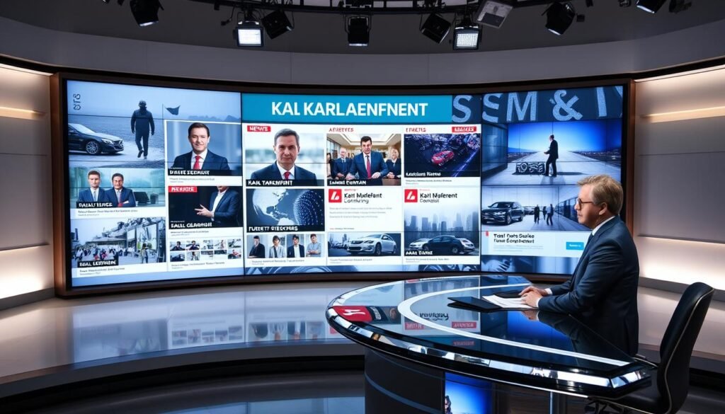 A professional news studio setting with a large video wall displaying a roundup of news headlines and updates about Karl Malenfant. The foreground features a news anchor desk with a sleek, modern design and state-of-the-art broadcast equipment. The anchor is presenting the news with a serious, authoritative expression. The middle ground showcases various news imagery, including headshots, archived footage, and dynamic data visualizations. The background is a softly lit, minimalist studio with neutral tones, creating a clean, high-quality aesthetic. Crisp, high-resolution cinematography with a shallow depth of field, emphasizing the anchor and video wall. The overall mood is one of journalistic professionalism, delivering a comprehensive, unbiased narrative around the Malenfant story.