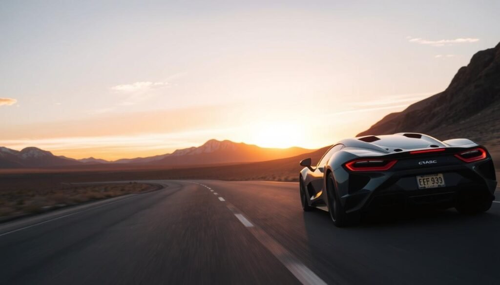 A road trip through a vast, rugged landscape, the setting sun casting a warm, golden glow over the horizon. In the foreground, a sleek, modern sports car navigates the winding road, its headlights cutting through the twilight. In the middle ground, towering mountains rise up, their snow-capped peaks reaching towards the sky. In the background, a sense of anticipation and uncertainty lingers, as the car heads towards an unknown destination, the stakes of the journey yet to be revealed. The scene conveys a sense of adventure, exploration, and the thrill of the open road, perfectly capturing the essence of the "What's Next: Western Road Trip Stakes for Montreal" section.