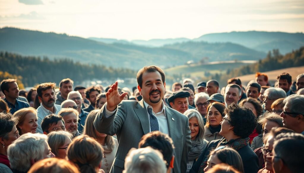 A serene and unifying scene of Pablo Rodriguez, the distinguished Liberal Party leader, standing amidst a diverse crowd of Quebecers from all regions and linguistic backgrounds. Warm, natural lighting illuminates his confident yet inclusive expression as he gestures towards the crowd, conveying a message of solidarity and shared purpose. The crowd, composed of individuals of varying ages, ethnicities, and attire, listens intently, their faces reflecting a sense of unity and shared determination. In the background, a blend of urban and natural elements, such as a cityscape and rolling hills, symbolize the diverse landscapes and communities of Quebec. The overall tone is one of hope, collaboration, and the power of bringing people together across linguistic and regional divides.