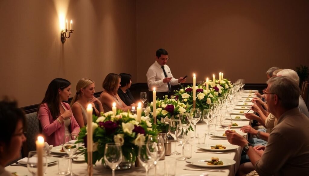 A serene, candlelit dining room set for an intimate, sommelier-led tasting event. Guests seated at a long, elegant table adorned with lush floral centerpieces, fine china, and gleaming glassware. A sommelier pours wine, describing the subtleties of each vintage as guests savor artfully plated courses. Soft, warm lighting bathes the scene, creating a cozy, inviting atmosphere. In the background, a subtly textured wall serves as a minimalist backdrop, allowing the delightful dining experience to take center stage.