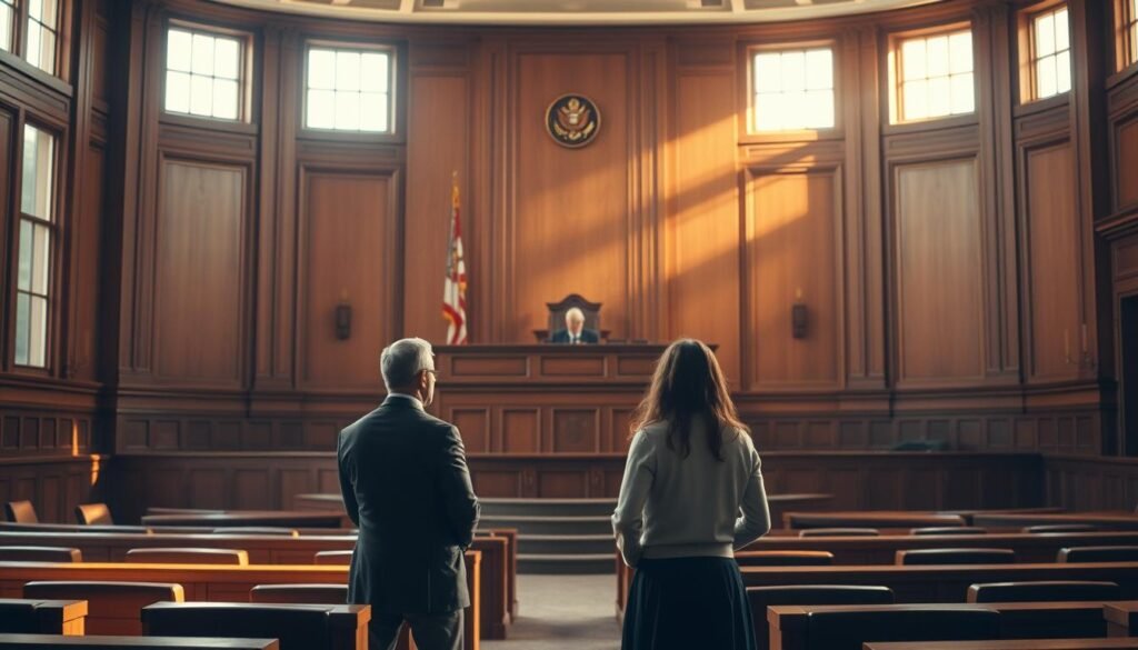 A serene courtroom interior, bathed in warm, natural light filtering through large windows. At the center, a raised bench where a judge presides, symbolizing the authority and impartiality of the civil justice system. In the foreground, two figures engaged in thoughtful discussion, representing the nuanced dialogue around the concept of consent. Their postures and expressions convey a sense of mutual understanding and respect. The background is subtly blurred, drawing the viewer's focus to the central interaction and the weight of the legal proceedings. An atmosphere of contemplation and integrity pervades the scene, reflecting the gravity and complexity of the subject matter.