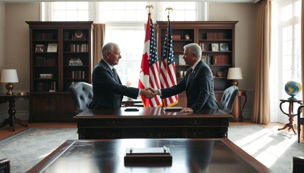 A serene diplomatic office, sunlit through large windows. At the center, a Canadian and American flag stand side-by-side, symbolizing the nations' relationship. In the foreground, two statesmen, one Canadian and one American, shake hands across an ornate wooden desk, engaging in cordial discussion. In the background, a bookshelf and globe hint at the global reach of their negotiations. The mood is one of cautious optimism, as the Canadian representative seizes the opportunity presented by America's shifting foreign policy priorities.
