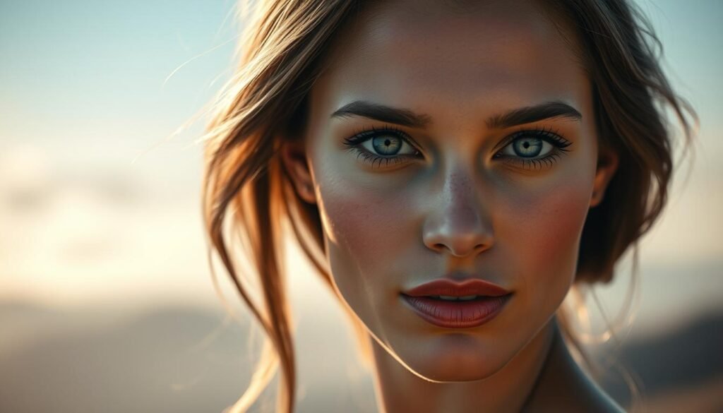 A serene, ethereal portrait of a stunningly beautiful woman, her face bathed in soft, diffused lighting that accentuates her delicate features and captivating gaze. The background is a hazy, dreamlike landscape, with hints of natural elements like wispy clouds or mist. The composition is elegant and balanced, drawing the viewer's attention to the woman's radiant beauty. The overall mood is one of timeless grace and allure, evoking a sense of wonder and admiration. The image exudes a timeless, almost mystical quality, capturing the essence of the world's most beautiful woman.