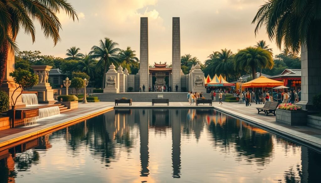 A serene memorial plaza with towering obelisks and intricately carved stone sculptures. In the foreground, a tranquil reflecting pool mirroring the surrounding architecture. Cascading waterfalls and lush tropical foliage frame the scene, creating a contemplative and reverent atmosphere. Warm, diffused lighting casts a golden glow, highlighting the intricate details of the memorial design. The middle ground features benches and gathering spaces for visitors to pause and reflect, while the background showcases a vibrant, bustling cultural festival with colorful banners, festive music, and joyous crowds. This fusion of solemn remembrance and lively celebration captures the essence of a community honoring its rich heritage. A serene memorial plaza with towering obelisks and intricately carved stone sculptures. In the foreground, a tranquil reflecting pool mirroring the surrounding architecture. Cascading waterfalls and lush tropical foliage frame the scene, creating a contemplative and reverent atmosphere. Warm, diffused lighting casts a golden glow, highlighting the intricate details of the memorial design. The middle ground features benches and gathering spaces for visitors to pause and reflect, while the background showcases a vibrant, bustling cultural festival with colorful banners, festive music, and joyous crowds. This fusion of solemn remembrance and lively celebration captures the essence of a community honoring its rich heritage.