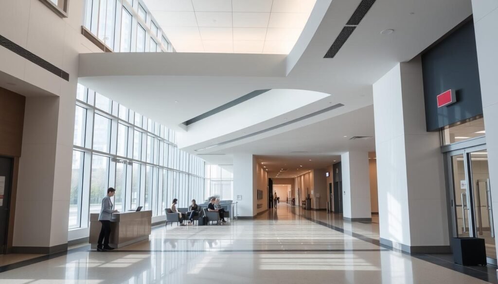 A serene, well-lit hospital entrance with an expansive lobby, featuring modern architectural design elements such as high ceilings, floor-to-ceiling windows, and clean lines. In the foreground, a reception desk with professional staff assisting visitors. In the middle ground, several people sitting in comfortable waiting chairs, while in the background, hallways lead to various hospital departments. The overall atmosphere conveys a sense of order, efficiency, and care, reflecting the operational policies governing the hospital's operations and interactions with social services. A serene, well-lit hospital entrance with an expansive lobby, featuring modern architectural design elements such as high ceilings, floor-to-ceiling windows, and clean lines. In the foreground, a reception desk with professional staff assisting visitors. In the middle ground, several people sitting in comfortable waiting chairs, while in the background, hallways lead to various hospital departments. The overall atmosphere conveys a sense of order, efficiency, and care, reflecting the operational policies governing the hospital's operations and interactions with social services.