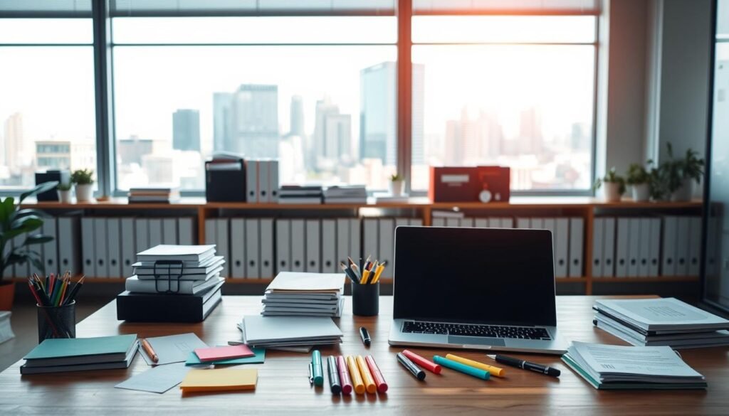 A serene, well-lit office space with a large wooden desk, a modern laptop, and a collection of neatly organized books, papers, and office supplies. In the foreground, a selection of colorful sticky notes, highlighters, and a pen holder, creating a visually appealing composition. The background features a large window overlooking a vibrant cityscape, with a warm, natural light filtering through. The overall atmosphere conveys a sense of productivity, organization, and an entrepreneurial spirit, perfect for illustrating a "Roundup of Lessons, Resources, and Tools for Canadian Founders". A serene, well-lit office space with a large wooden desk, a modern laptop, and a collection of neatly organized books, papers, and office supplies. In the foreground, a selection of colorful sticky notes, highlighters, and a pen holder, creating a visually appealing composition. The background features a large window overlooking a vibrant cityscape, with a warm, natural light filtering through. The overall atmosphere conveys a sense of productivity, organization, and an entrepreneurial spirit, perfect for illustrating a "Roundup of Lessons, Resources, and Tools for Canadian Founders".