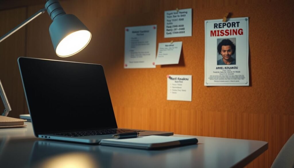 A sleek, modern office desk with a laptop, pen, and notepad. The desk is illuminated by a warm, focused task light, casting a soft glow. In the background, a corkboard displays thumbtacked notes, contact information, and a missing persons poster for Ariel Kouakou. The atmosphere is serious yet determined, conveying the importance of reporting valuable information to help find the missing person. A sleek, modern office desk with a laptop, pen, and notepad. The desk is illuminated by a warm, focused task light, casting a soft glow. In the background, a corkboard displays thumbtacked notes, contact information, and a missing persons poster for Ariel Kouakou. The atmosphere is serious yet determined, conveying the importance of reporting valuable information to help find the missing person.
