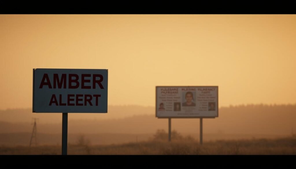 A somber, fading landscape of Nova Scotia, bathed in a hazy, golden-tinged light. In the foreground, a stark, red and white "Amber Alert" sign stands as a stark visual warning, its message conveying the urgency and gravity of a missing persons case. In the middle ground, a series of public safety notification boards flicker with the details of a vulnerable missing person, their image and vital information displayed prominently. The background fades into a soft, atmospheric blur, hinting at the wider community impacted by such a tragedy. The overall mood is one of unease, tempered by a sense of duty to protect the vulnerable. Technical details evoke a cinematic, photographic quality, with a shallow depth of field and subtle camera tilt.