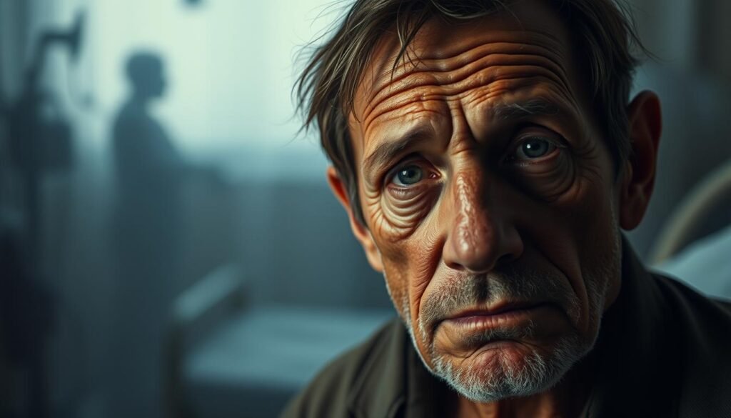 A somber portrait of Herby Moreau, his once vibrant features now etched with the ravages of a debilitating illness. In the foreground, his weary eyes gaze plaintively, conveying a profound sense of vulnerability. The mid-ground is a hazy, muted palette, as if the world around him has dulled. In the background, a faint silhouette of a hospital bed and medical equipment, a subtle yet poignant reminder of his failing health. The lighting is soft and diffused, casting a melancholic glow that underscores the gravity of his maladie. An intimate, poignant rendering that captures the human spirit's resilience in the face of adversity.