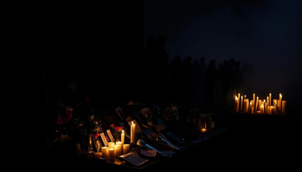 A somber scene unfolds, capturing the weight of recent youth tragedies. In the foreground, a shadowy silhouette of a young person stands solemnly, head bowed. Flickering candlelight illuminates a makeshift memorial, adorned with flowers, photos, and handwritten notes – a poignant tribute to lives lost too soon. In the middle ground, a crowd gathers, faces etched with grief and concern, reflecting the national outpouring of anguish and a collective desire for change. The background fades into a hazy, dreamlike quality, suggesting the ongoing struggle to make sense of these senseless events. Dramatic chiaroscuro lighting casts deep shadows, evoking the sense of a nation in mourning, seeking solace and a path forward to ensure the safety and well-being of its youth.
