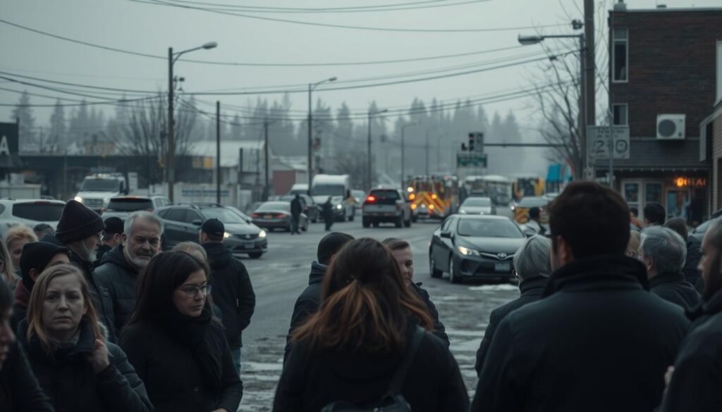 A somber urban street scene in Amqui, Quebec, shrouded in a somber gray atmosphere. In the foreground, a group of mourners and community members gather solemnly, their faces etched with grief and concern. In the middle ground, the aftermath of a tragic incident - damaged vehicles, emergency responders, and the lingering sense of shock. In the background, the familiar buildings and infrastructure of the town, a backdrop to this profound moment of impact and resilience. Muted colors, dramatic lighting, and a sense of weight and gravity permeate the scene, capturing the weight of the event on the local community.