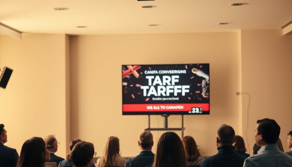 A spacious commercial studio, softly lit with warm, diffuse lighting that casts subtle shadows. In the foreground, a sleek and modern television set stands prominently, its screen displaying a captivating anti-tariff advertisement. The mid-ground features a group of attentive viewers, their expressions engaged as they watch the commercial. In the background, a backdrop of muted, neutral tones creates a sense of depth and emphasizes the focus on the central display. The overall atmosphere is one of professionalism, sophistication, and the persuasive power of the media. A spacious commercial studio, softly lit with warm, diffuse lighting that casts subtle shadows. In the foreground, a sleek and modern television set stands prominently, its screen displaying a captivating anti-tariff advertisement. The mid-ground features a group of attentive viewers, their expressions engaged as they watch the commercial. In the background, a backdrop of muted, neutral tones creates a sense of depth and emphasizes the focus on the central display. The overall atmosphere is one of professionalism, sophistication, and the persuasive power of the media.
