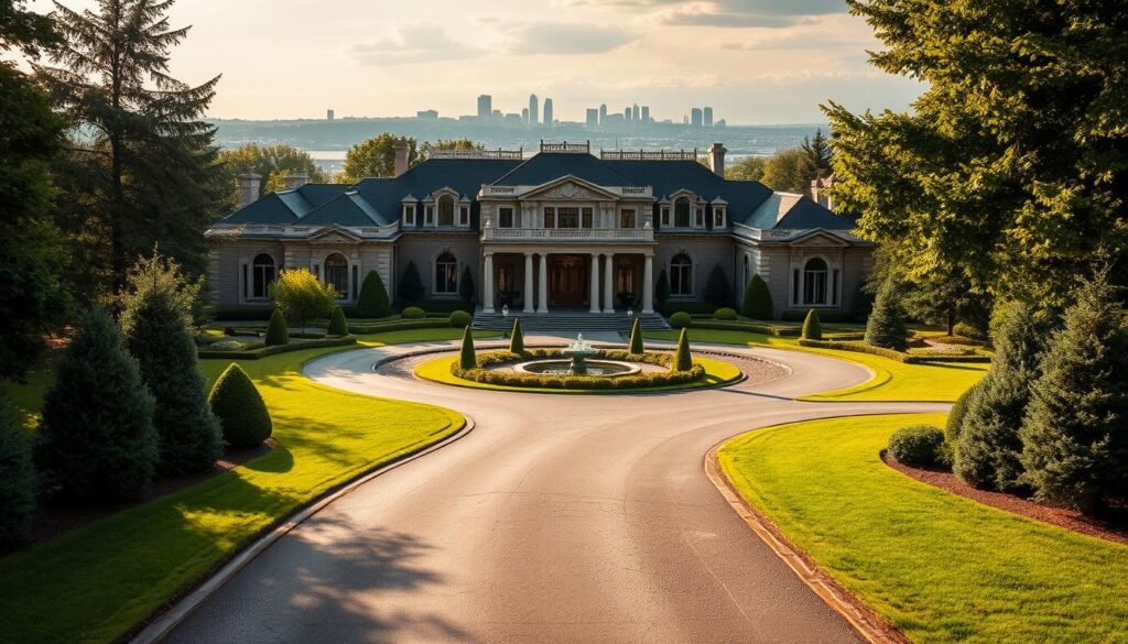A sprawling, grand mansion nestled in the heart of Outremont, Quebec. Manicured gardens, a stately facade, and ornate architectural details evoke a sense of prestige and exclusivity. The luxurious property is bathed in warm, golden light, casting an air of opulence. A long, winding driveway leads to the impressive entrance, with towering columns and ornate metalwork. In the foreground, a meticulously maintained lawn, dotted with carefully curated shrubbery, frames the extravagant home. The middle ground features a lush, verdant landscape, with mature trees and a serene water feature. The background is dominated by the picturesque Outremont skyline, reinforcing the neighborhood's renowned status.