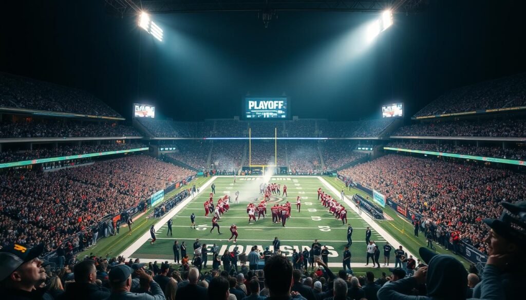 A stadium filled with electric energy, the Eastern Semi-Final matchup unfolds under the glow of floodlights. The gridiron is a canvas of battle, with players in their signature uniforms clashing in a high-stakes showdown. Captured from an elevated angle, the scene conveys a sense of drama and anticipation, the crowd's roar palpable. Dramatic lighting casts dynamic shadows, heightening the intensity of the moment. The image should evoke the thrill of playoff football, the determined faces of the athletes, and the unwavering passion of the fans who have come to witness history in the making. A stadium filled with electric energy, the Eastern Semi-Final matchup unfolds under the glow of floodlights. The gridiron is a canvas of battle, with players in their signature uniforms clashing in a high-stakes showdown. Captured from an elevated angle, the scene conveys a sense of drama and anticipation, the crowd's roar palpable. Dramatic lighting casts dynamic shadows, heightening the intensity of the moment. The image should evoke the thrill of playoff football, the determined faces of the athletes, and the unwavering passion of the fans who have come to witness history in the making.