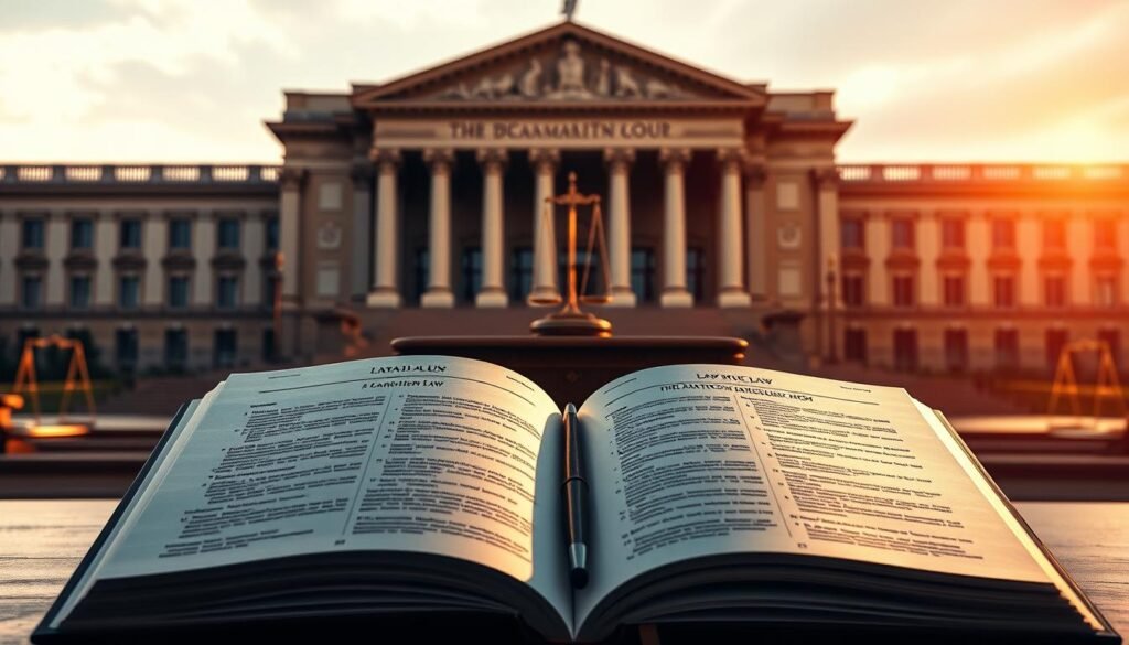 A striking and authoritative image of the Canadian legal system, showcasing the core principles of defamation law. Positioned in the foreground, an open law book with glossy pages, displaying key statutes and regulations. In the middle ground, a dignified judge's bench, bathed in warm, directional lighting that casts dramatic shadows. The background is a panoramic view of the imposing, neoclassical architecture of a provincial courthouse, conveying a sense of tradition and gravitas. The overall mood is one of seriousness, professionalism, and the weight of judicial process.