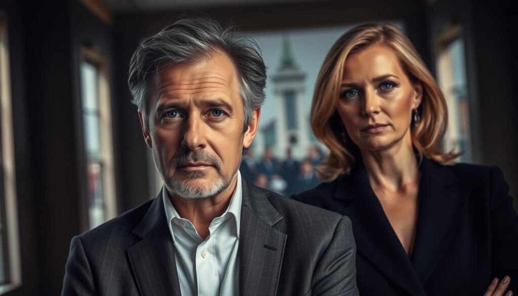 A striking portrait of Réal Bouclin and Valérie Taillefer, capturing their personal and public dimensions. In the foreground, Bouclin stands with a serious yet thoughtful expression, his face illuminated by soft, natural lighting. Taillefer sits beside him, her gaze directed towards the viewer, exuding a poised confidence. The middle ground reveals a blurred, stylized background, hinting at the grand public sphere they navigate. The overall atmosphere is one of introspection and quiet power, reflecting the complexities of their personal and professional lives.