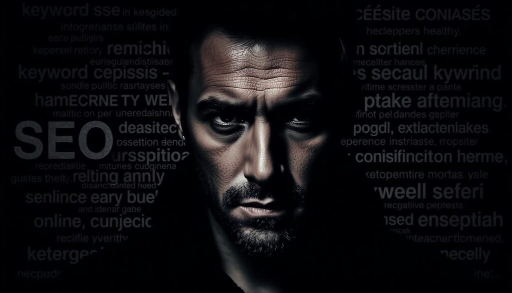 A striking portrait of Stéphane "Godasse" Gagné, shot in a moody, high-contrast lighting. The subject's face is partially obscured in shadow, adding an air of mystery. The background features a collage of relevant keywords and SEO terms, meticulously arranged to create a visually engaging and informative composition. The overall aesthetic blends realism with a touch of abstract expressionism, reflecting the complex nature of Gagné's story and the interplay between his public persona and the digital landscape. The image captures the essence of the section title, inviting the viewer to explore the multifaceted nature of Gagné's online presence and reputation.
