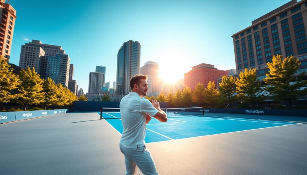 A striking tennis court under the warm glow of the afternoon sun, surrounded by the iconic architectural landmarks of Montreal's city skyline. The vibrant blue court surface stands in contrast to the grey stone facades of the high-rise buildings in the distance. In the foreground, a professional tennis player, dressed in crisp white attire, prepares to serve the ball with a determined expression, capturing the intensity and energy of the prestigious Montreal Open tournament. The scene is framed by the lush greenery of trees lining the court, adding a touch of natural elegance to the urban setting. The overall atmosphere evokes a sense of excitement and anticipation for the upcoming matches, showcasing Montreal's renowned status as a premier destination for world-class tennis events.