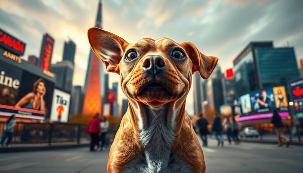 A stunning, hyper-realistic portrait of Tika the Iggy, the beloved social media star who has captured the hearts of Canadians. The foreground features Tika in a playful, animated pose, her distinctive wrinkled face and large, expressive eyes conveying her vibrant personality. The middle ground showcases Tika in various viral moments, captured through crisp, dynamic shots - from playful interactions with her owner to hilarious facial expressions that have made her an internet sensation. The background depicts a vibrant, urban Canadian cityscape, with iconic landmarks and a bustling, energetic atmosphere that reflects Tika's growing fame and the adoration of her devoted Canadian fanbase. Dramatic, warm lighting and a shallow depth of field create a sense of intimacy and focus, highlighting Tika's captivating presence.